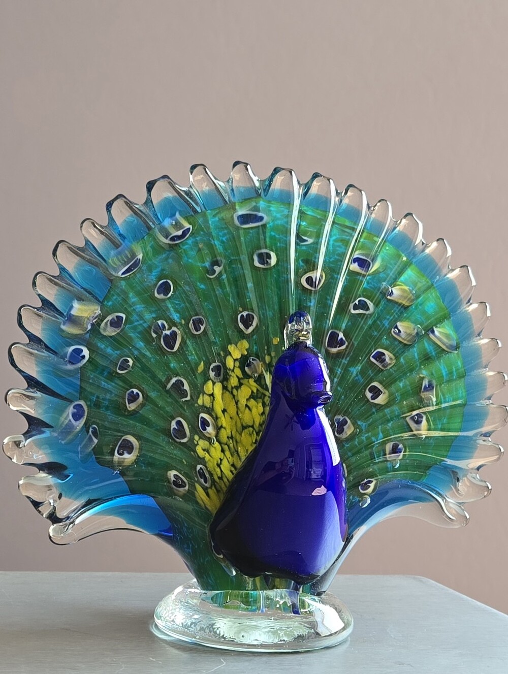 Murano Style Art Glass Peacock Figurine Paperweight Colorful 7.5" X 8.5"